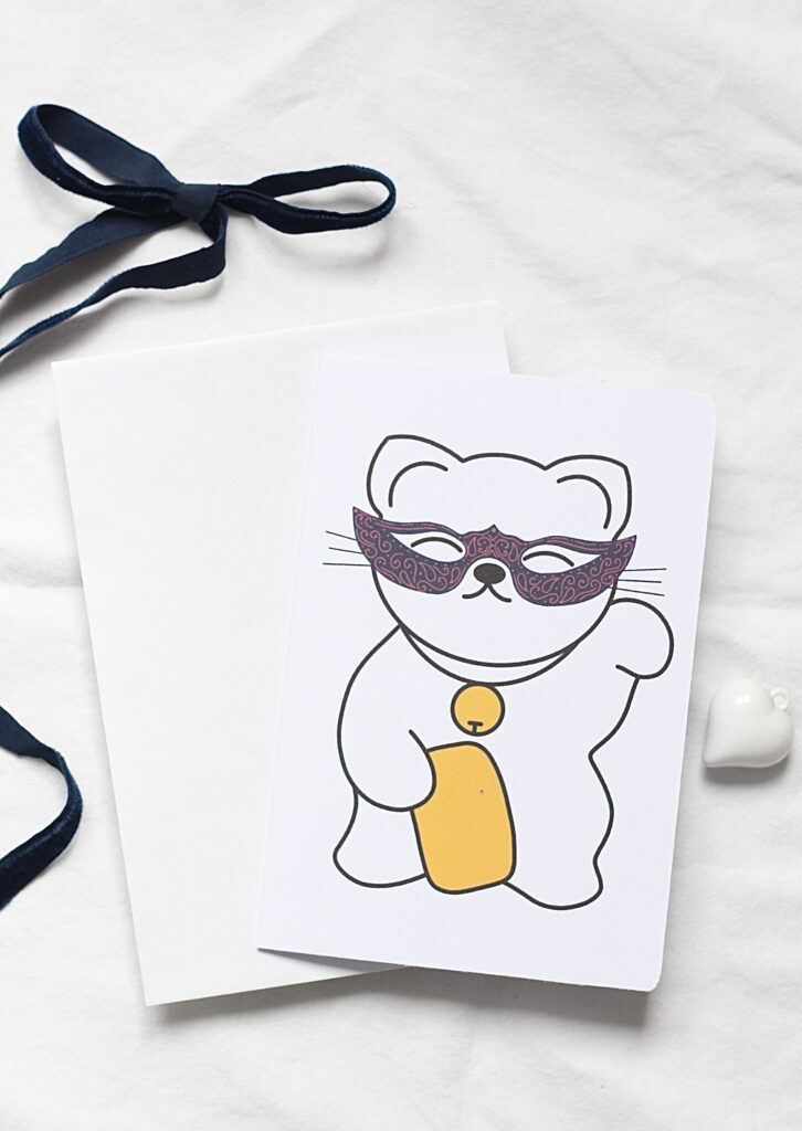 Carte double maneki neko bal masqué