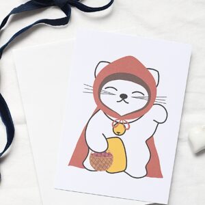 Carte postale maneki neko chaperon rouge