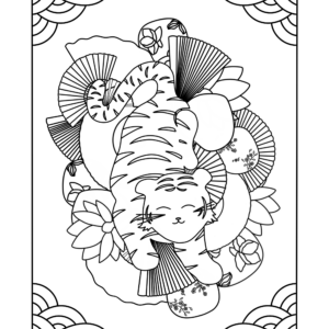 Coloriage tigre et éventails